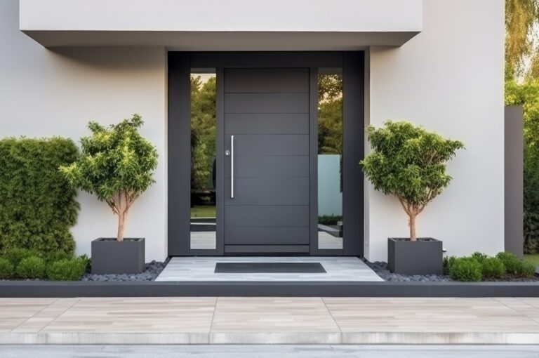 Design-Eingangstür für ein Landhaus, die als Eyecatcher einen bleibenden Eindruck hinterlässt.